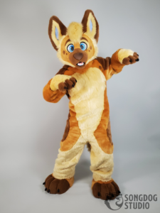 Brown and tan german shepard toony fullsuit begging to the camera